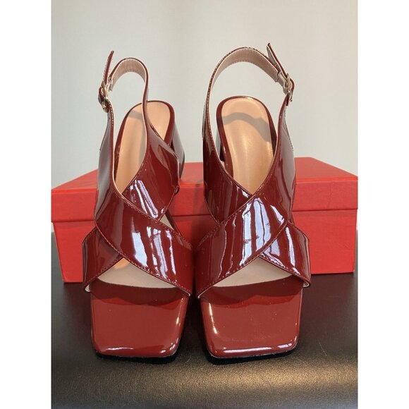 NIB Never Worn Womens Red Faux Patent Leather Shoes, Sz6 Stack Heel, Slingback - Picture 1 of 7